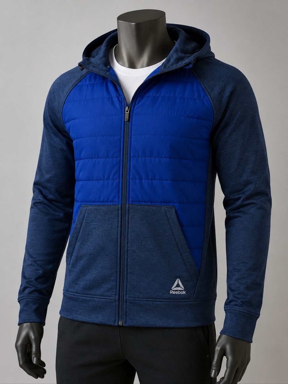 Reebok Men's Hybrid Hooded Jacket Color Navy Heather Size S New Without Tags